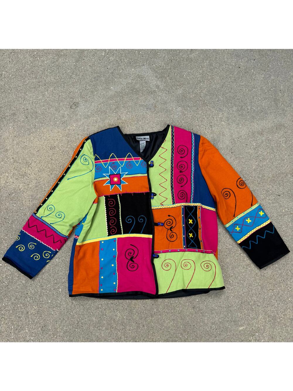 Vintage Indigo Moon Neon Embroidered Patchwork Art Deco Jacket - Size Large